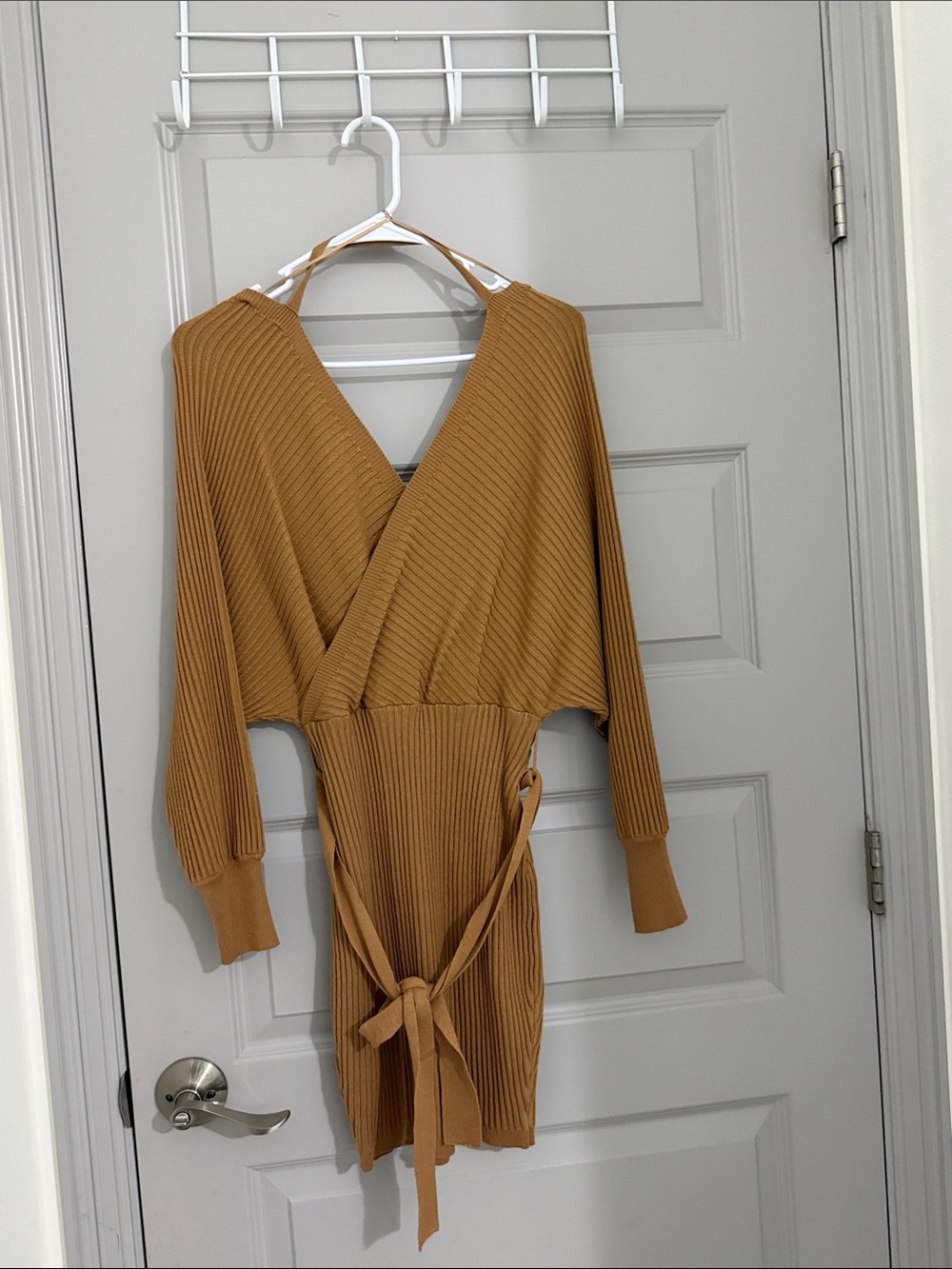Ribbed Wrap Knit Dress in Mustard